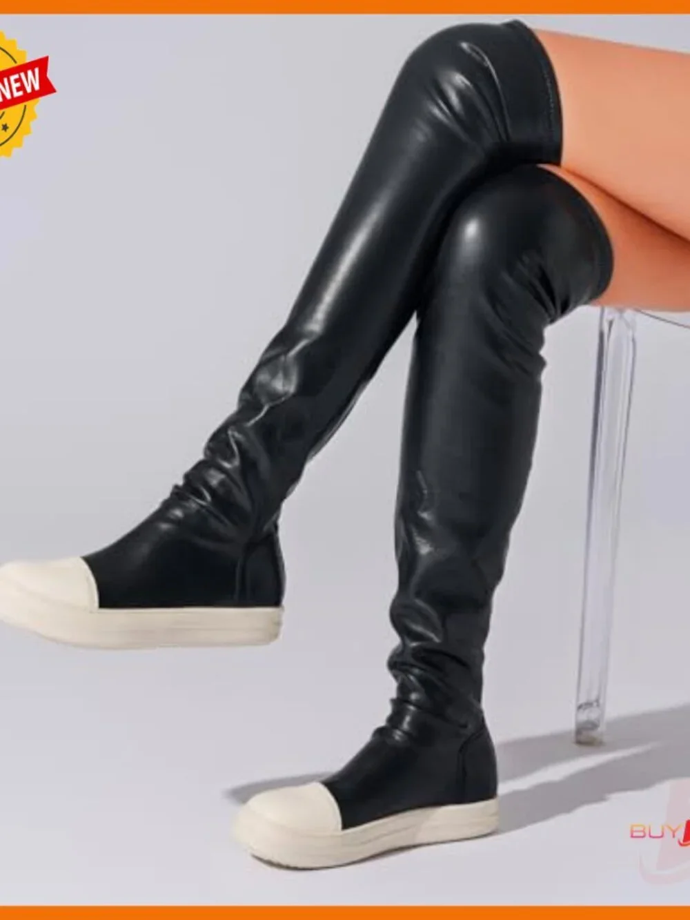 Thigh High Over the Knee Boots Flat Heel Round Toe Vegan Leather